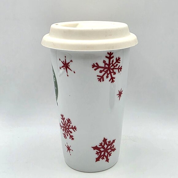 STARBUCKS 2010 Collectible Red Snowflakes Holiday Travel Tumbler Mug Rubber Lid - Picture 3 of 10